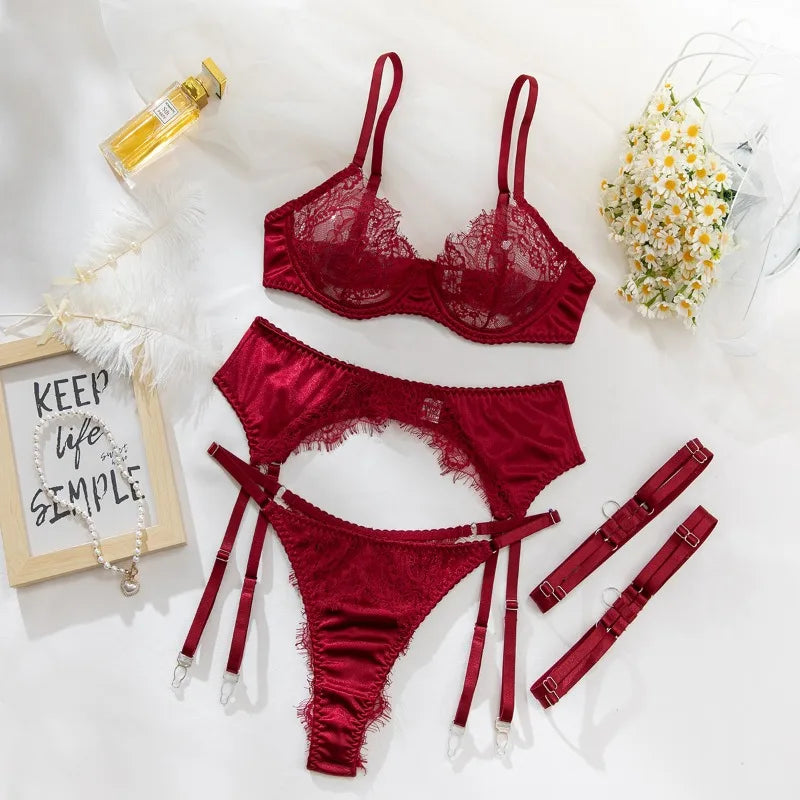 4 Pieces Women's Lingerie Sets Gorgeous French Lace Satin Patchwork Bra Belt Thong with Leg Circles Slim Sexys Hot Underwear Set