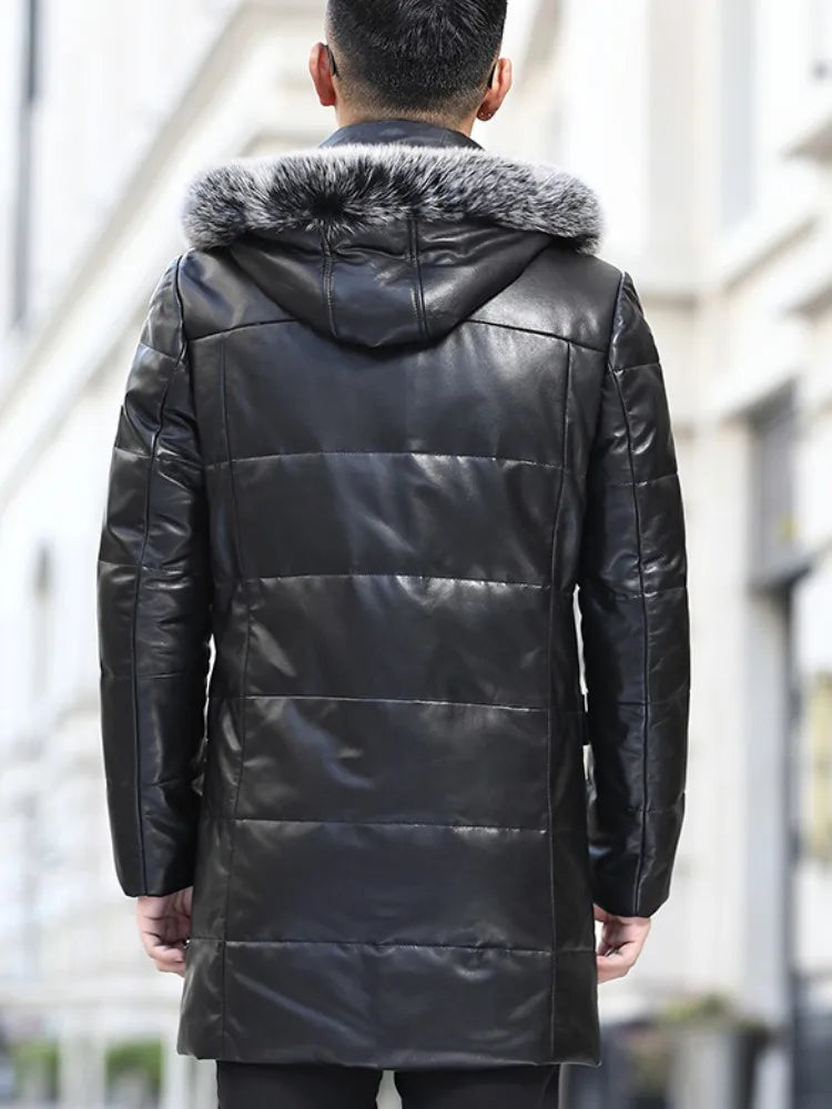 Winter Real Sheepskin Overcoat Men Zipper Thick Warm Hooded Genuine Leather Down Coat Plus Size 5XL Streetwear Casual Coat Men