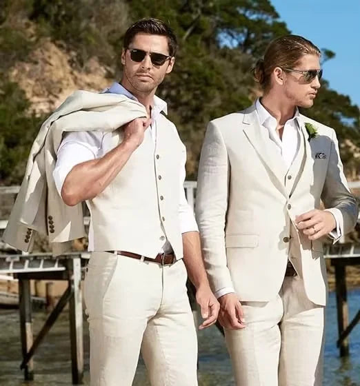 3 piece Linen Summer Men Suits for Wedding Groom Tuxedos 2026 Casual Beach Custom Man Suit Set Jacket Vest with Pants Man Fahion