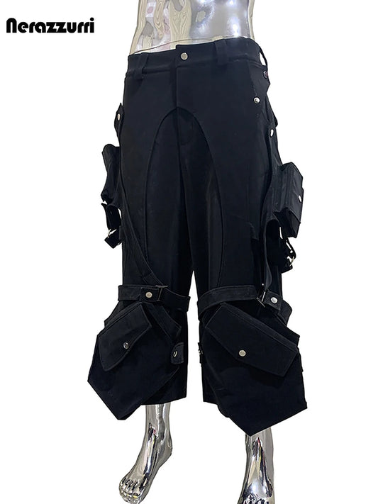 Nerazzurri Summer Matte Black Cargo Calf Length Straight Pants for Men with 3D Pockets High Waist Luxury Designer Emo Clothes