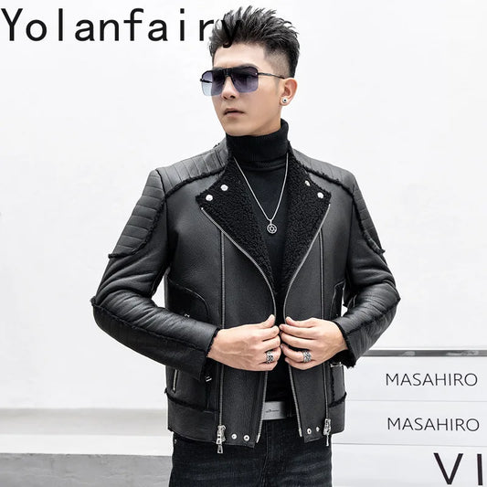 YOLANFAIRY New Luxury Winter Natural Wool Fur Coat Man Short Warm Men's Motorcycle Genuine Leather Jacket Real Sheepskin Coats