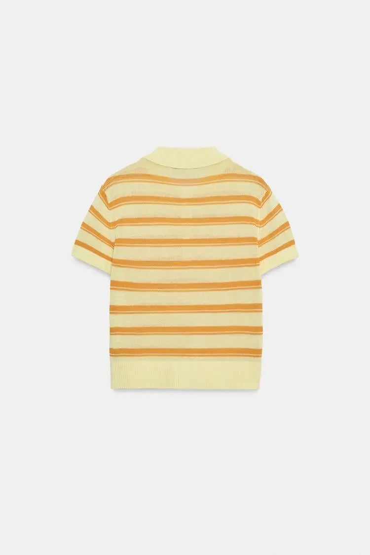 Summer New Women's Casual Style Button Decorated Striped Short Sleeve Neck Knitted Sweater Loose Fit Classic Pattern Pol...