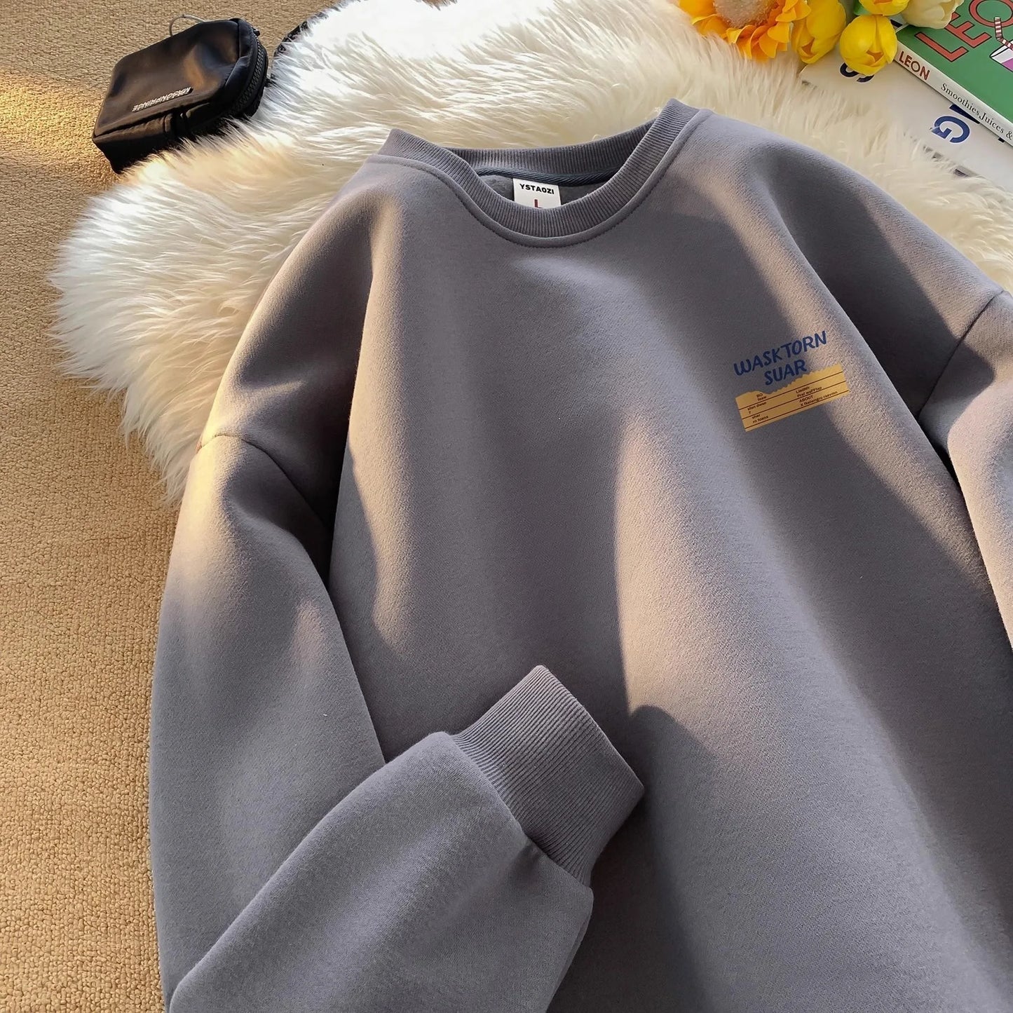 American Retro Fleece Lined Long Sleeve Letter Print Sweatshirt Unisex Autumn Winter Casual Fashion Versatile Men's Women's Top