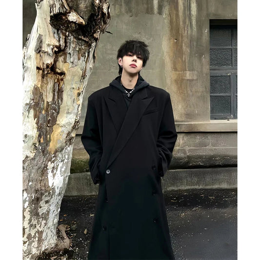 Thickened Shoulder Pad Knee-Length Woolen Coat Winter Men's Korean Style British Neapolitan Windbreaker Long Sleeve Double-Br...