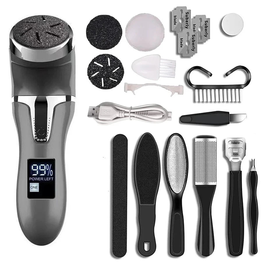 Electric Foot File Callus Remover, 3 Heads Auto Dust Vacuuming Rechargeable 2 Speed Heel Dead Skin Grinder with Pedicure Tools