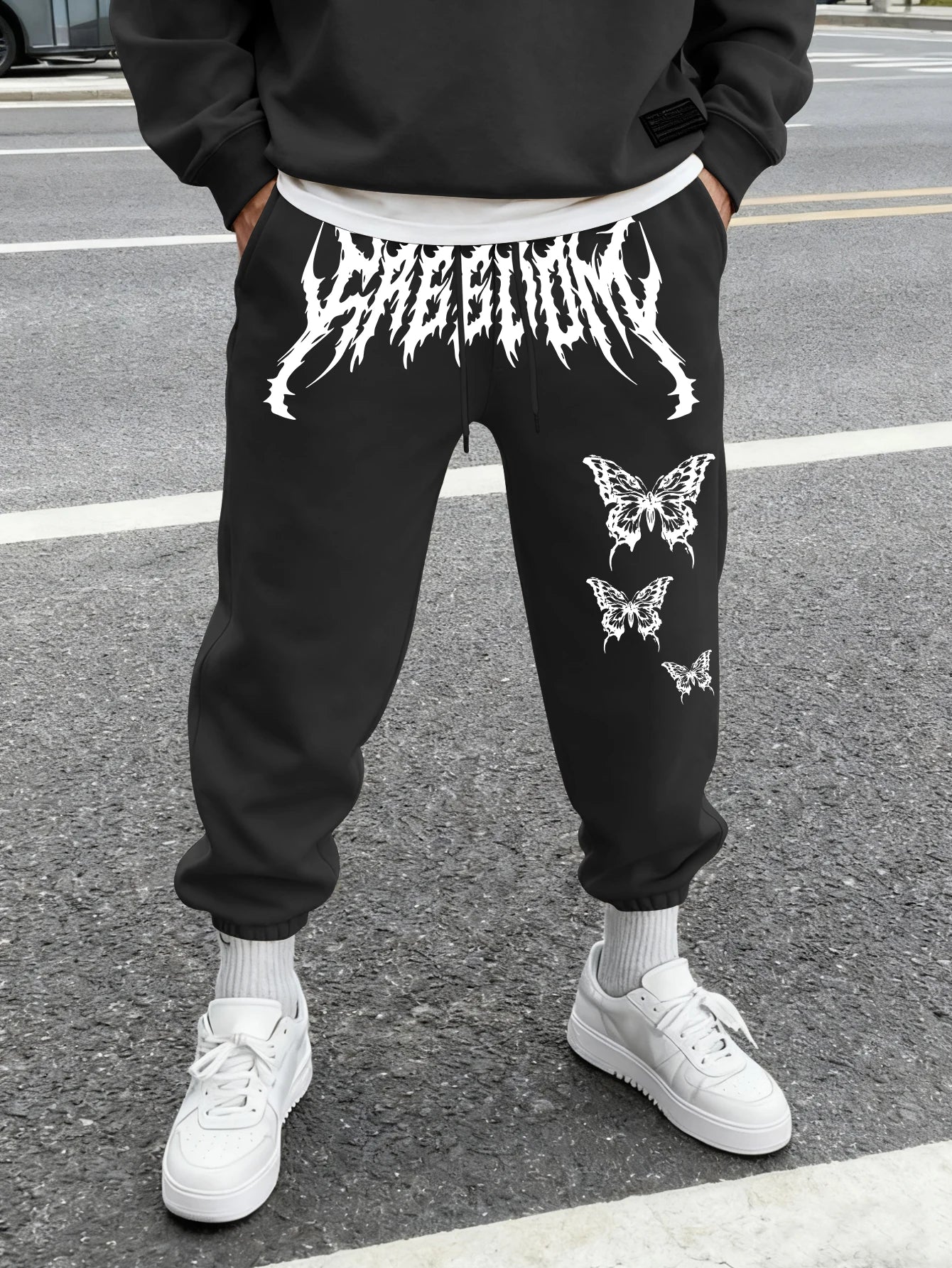 Men's Aesthetic Dark Gothic Butterfly Art Print Sweatpants Elastic Waist Joggers Cozy Goth Daily Street Fashion Bottoms