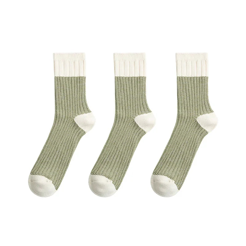 Maden Men's American Retro Contrast Knitted Mid Tube 3 Pairs Socks With Breathable Thick Thread Splice Double Needle Long Socks