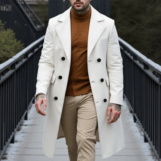 New Men's Elegant Woolen Overcoat Long Jacket For Early Autumn Warm Outdoor Street Style Commute Wear Double-Breasted