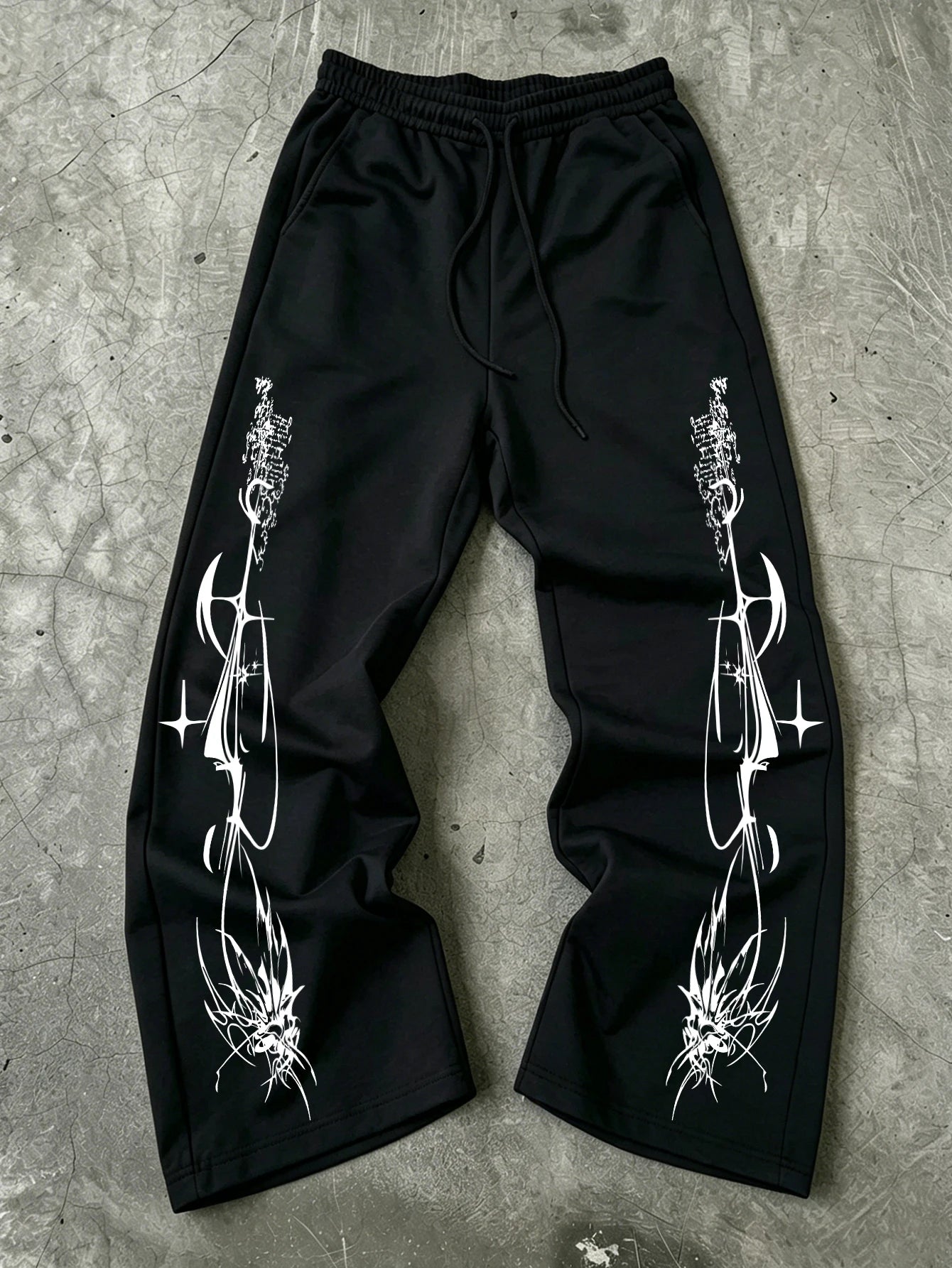 Y2K Dark Punk Abstract Gothic Cross Star Print Mens Baggy Wide Leg Sweat Pants Loose Straight Drawstring Hip Hop Street Joggers