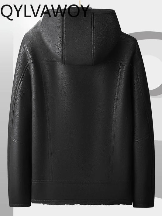 QYLVAWOY 2025 Winter 100% Sheepskin Shearling Men's High-End Real Leather Hooded Fur Coat Outerwear lederjacke herren LJ3637