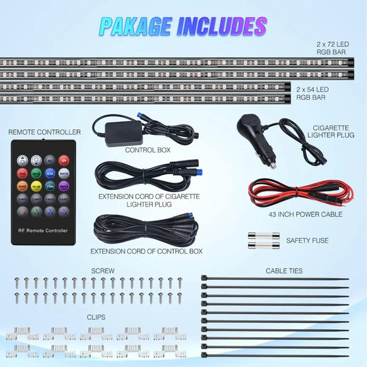 4Pcs RGB LED Underglow Strip Lights 252 LEDs Sound Active with Remote for Cars SUV Truck