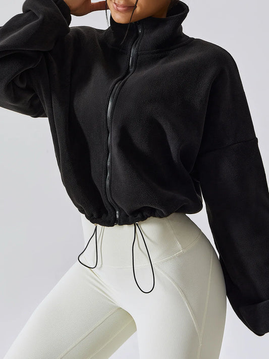 Loose Stand Collar Fleece Casual Jacket Women's Comfortable Polyester Blend Long Sleeve Zipper Closure Fashionable Sweatshirt