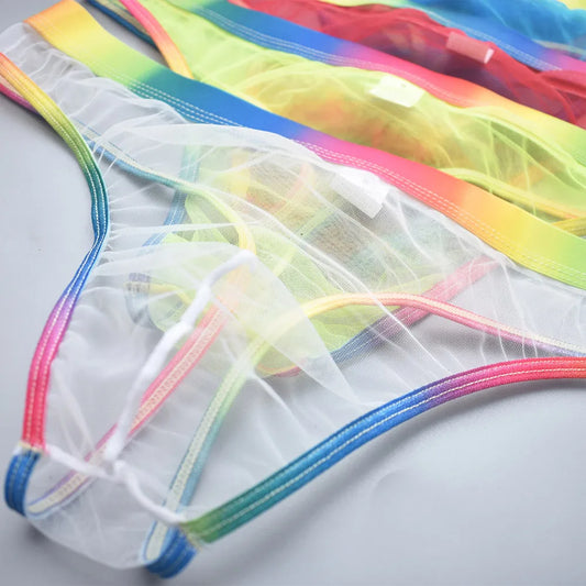 Transparent Mesh Men's Thongs with Rainbow Waistband - Sexy Breathable Underwear Perfect for Special Nights & Casual Use