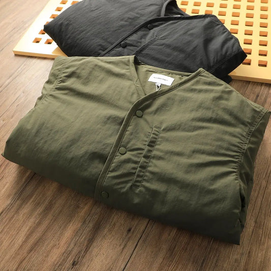 Men's Winter Thickened Cotton Jacket Lightweight Warm Retro Loose Casual V-Neck Cotton Coat Polyester Fiber Fill Regular Sleeve