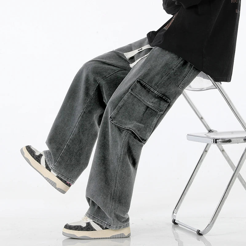 2024 New Men Baggy Cargo Jeans Fashion Streetwear Vintage Wide Leg Pants American Streetwear Y2K Big Pocket Youth Overalls