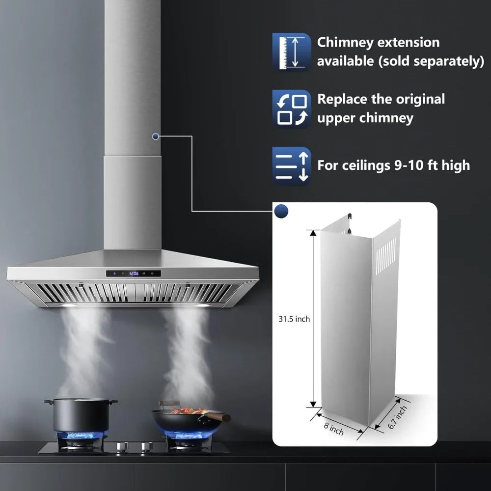 30 Inch Wall Mount Range Hood, Stainless Steel, Touch Control, Ducted/Ductless Convertible, Chimney Style with Baffle Filters