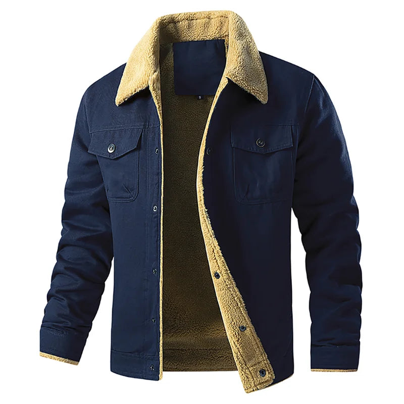 Men's Jackets Winter Windproof Warm Faux Shearling Lined Warm Coat Black Buttoned Parka Pockets Casual High Quality Tops US Size