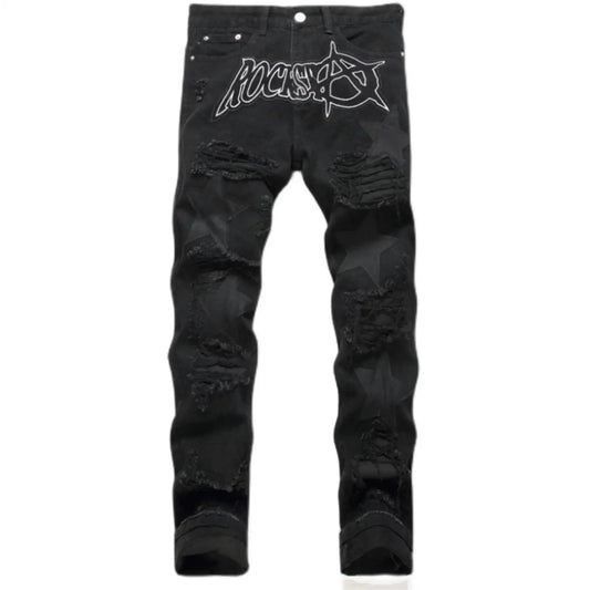 Punk Style Men's Slim Fit Straight Leg Denim Jeans Black Hole Patch Embroidery Non Stretch Fashion Urban Casual Cotton Polyes...