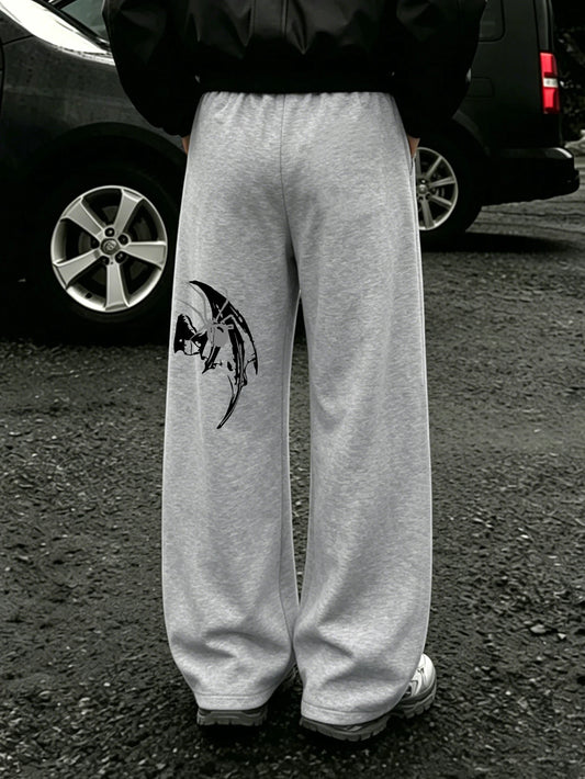 Mens Dark Gothic Spider Bat Wing Print Baggy Wide Leg Sweat Pants Loose Straight Drawstring Hip Hop Street Joggers