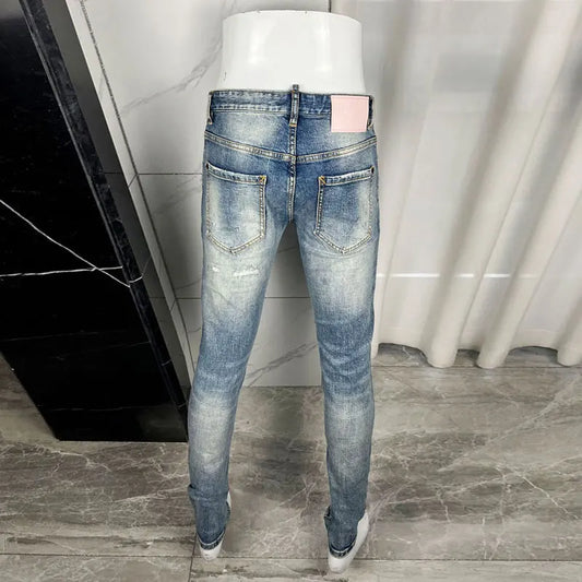 Fashionable new light blue men's jeans, elastic slim fit, washed with nostalgia, color distressed patch jeans, hip-hop brand pan