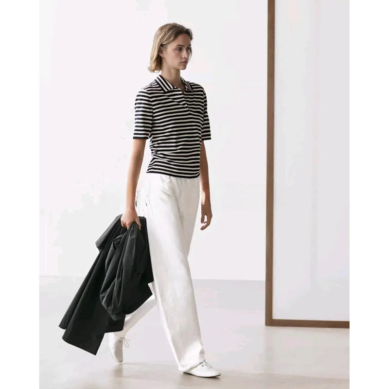Summer New Women's Knitted Short Sleeve Shirt Classic Stripes Preppy Style Casual Loose Fit Polyester Fiber 100%