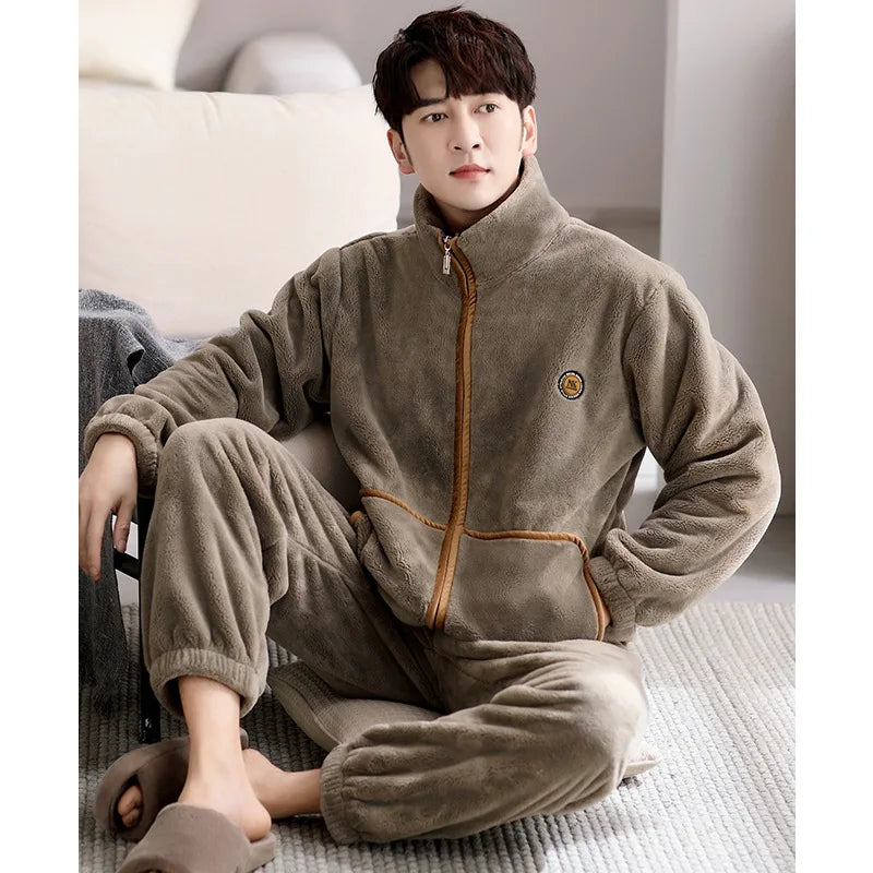 Men's Winter Sleepwear Coral Fleece Thickened Flannel Casual Long Sleeve Pajamas Large Size Home Clothes Chinese Style