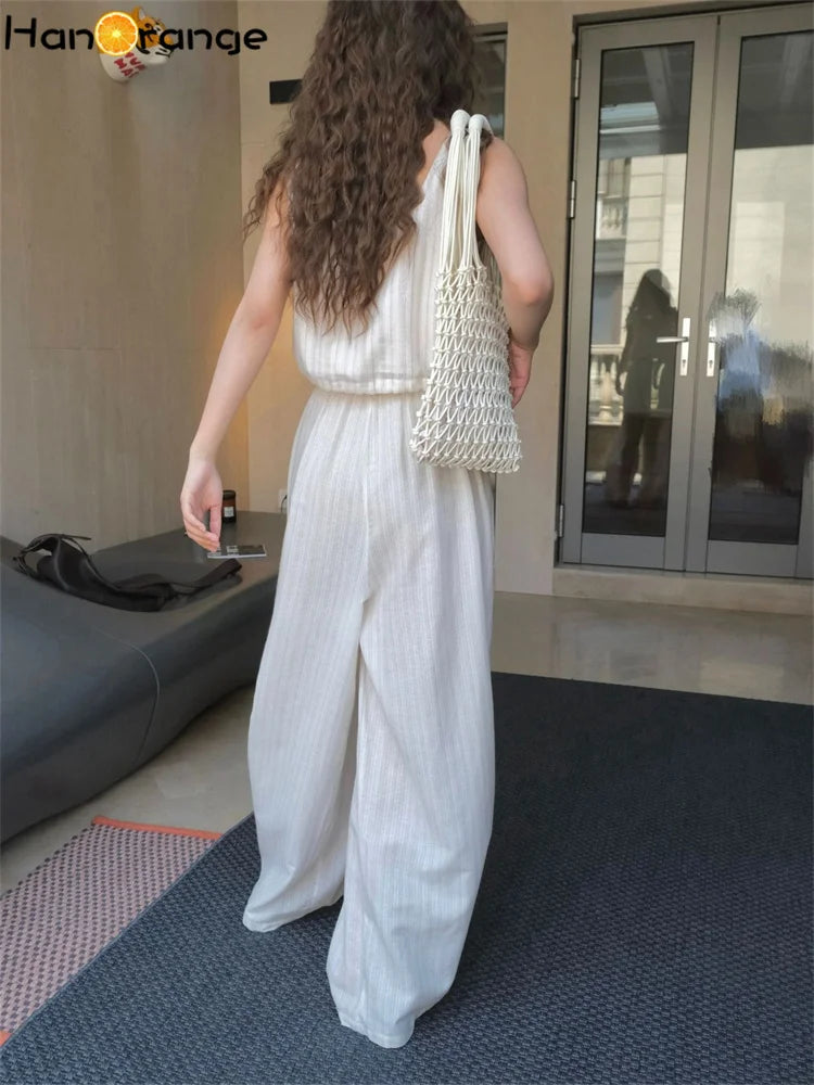 HanOrange 2026 Summer Vacation Stripe Loose Casual Pants Women Loose Wide Legs Breathable Trousers White Coffee/Blue White