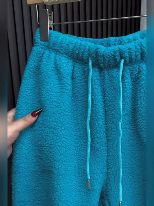 High-End Women's Thickened Fleece Drawstring Casual Pants Winter New Style Soft Drapey Warm Sweatpants Loose Wide Leg Trousers
