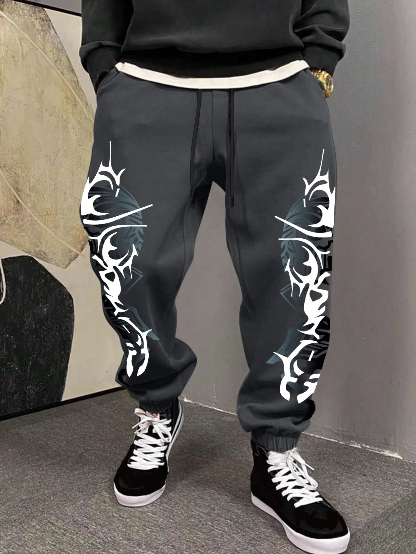 Men's Gothic Double Side Thorn Tribal Abstract Print Sweatpants Elastic Waist Soft Fabric Dark Punk Street Hip Hop Joggers