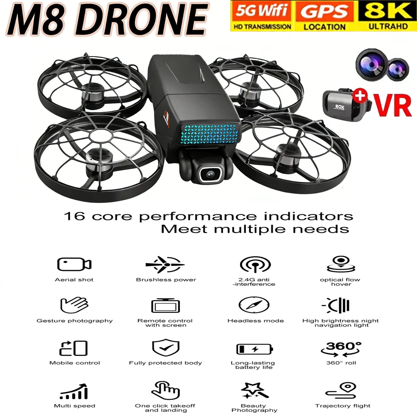 New Drones M8 GPS 8K HD Dual Cameras 360° FPV 5G WIFI Brushless Motor Obstacle Avoidance Foldable Quadcopter for Aerial Boy Toys