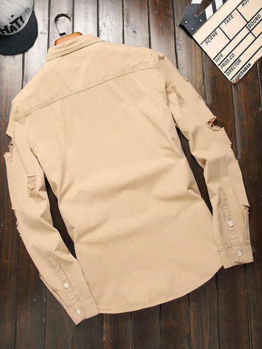 Men's Khaki Ripped Long - Sleeve Shirt for Summer, Trendy Street Style