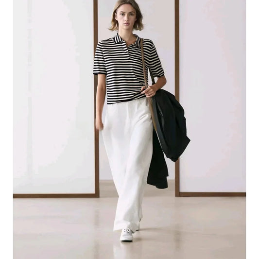 Summer New Women's Knitted Short Sleeve Shirt Classic Stripes Preppy Style Casual Loose Fit Polyester Fiber 100%