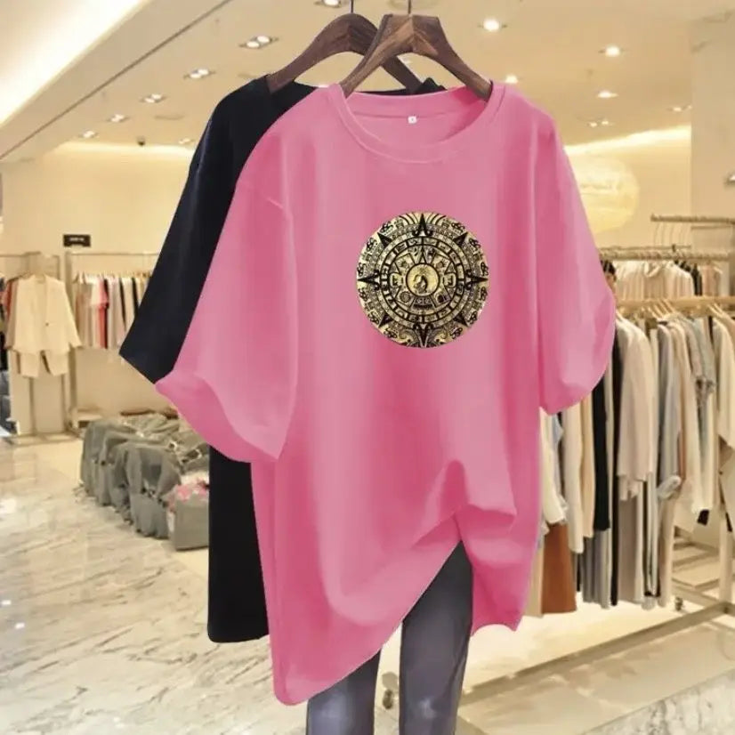 Women Fashion Pure Cotton Y2k Short Sleeve T-shirt Summer Casual Loose Paisley Printing Top Tee Office Lady Basic Pullover M-6XL