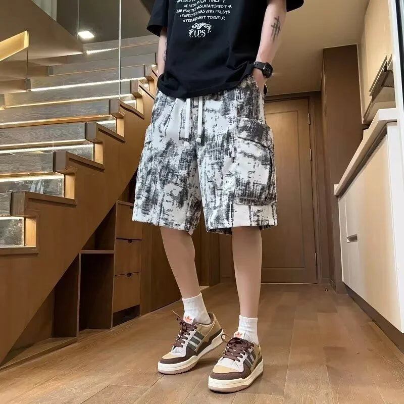Casual Men's Cargo Shorts Breathable Summer Street Style Tie-Dye Oversized Pocket Shorts for Men