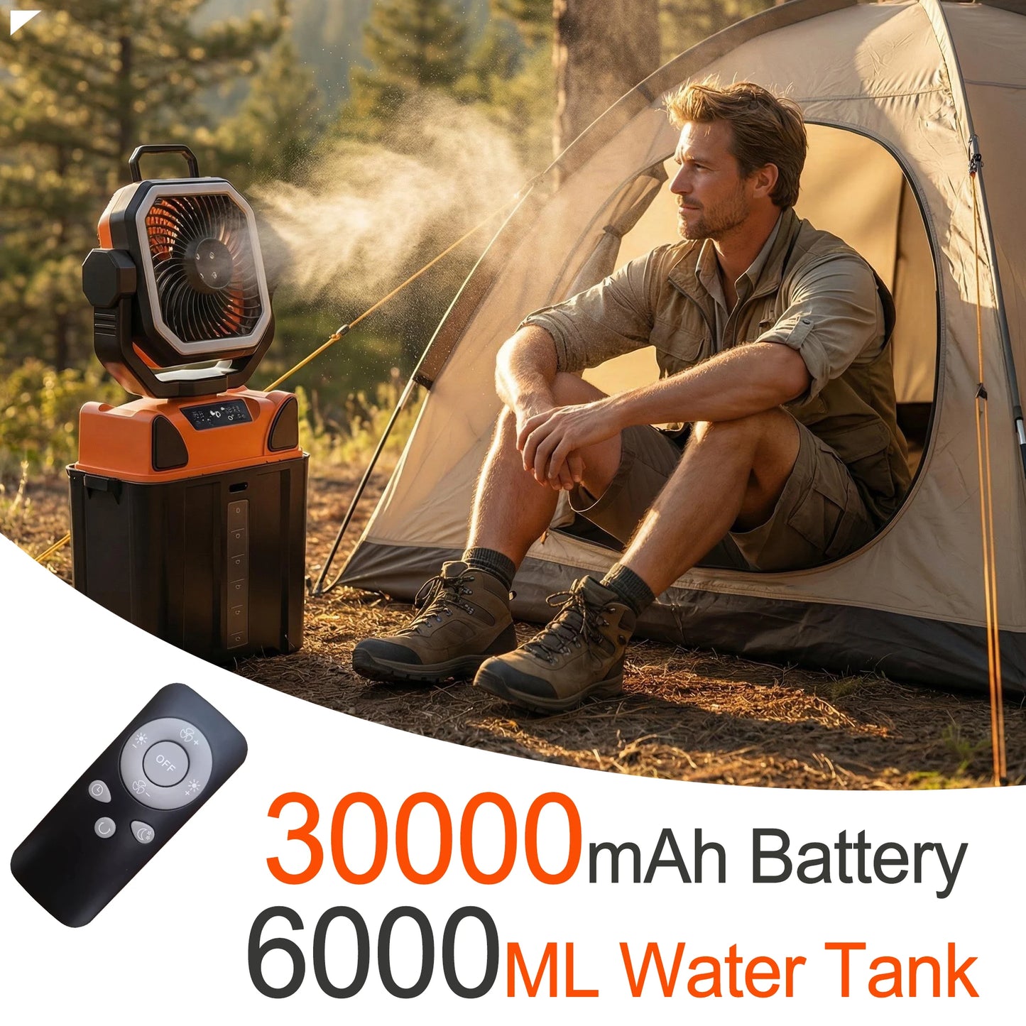 30000mAh Outdoor 6L Water Tank Spray Camping Fan with Remote Control Lighting 4 Gears Speed for Fishing Portable Electric Fan