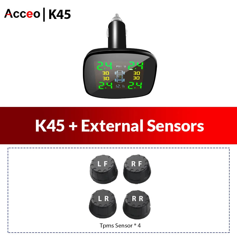 ACCEO TPMS Wireless Cigarette Lighter Tire Pressure Monitoring System USB Output Tire Pressure Monitor Temperature/Tire Warning
