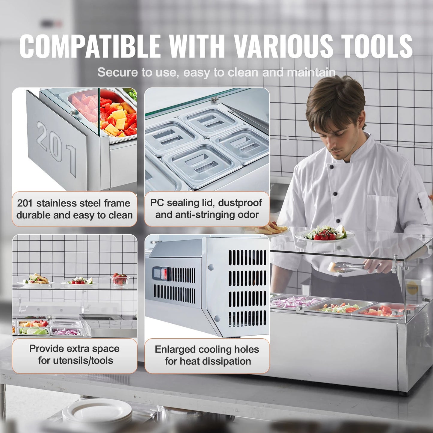 SucceBuy Refrigerated Condiment Prep Station with 3 1/3 Pans & 4 1/6 Pans 304 Stainless Body and PC Lid with Glass Guard ETL