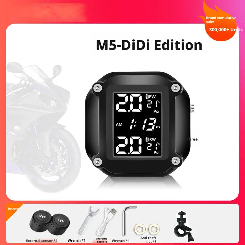 Waterproof Motorcycle TPMS, Solar & Magnetic Charging Tire Pressure Monitor System with 2 External Sensors & HD LED Display