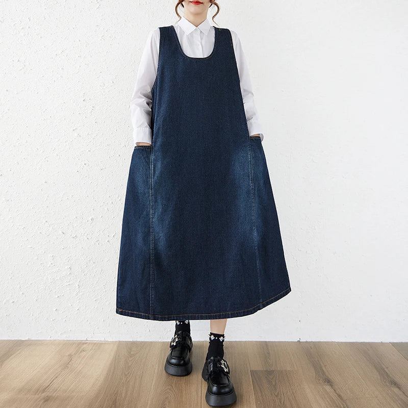 Artistic Loose Long Denim Vest Skirt Women's High Waist over Knee Slimming Cotton Casual Style Floral Embroidery Autumn Wear