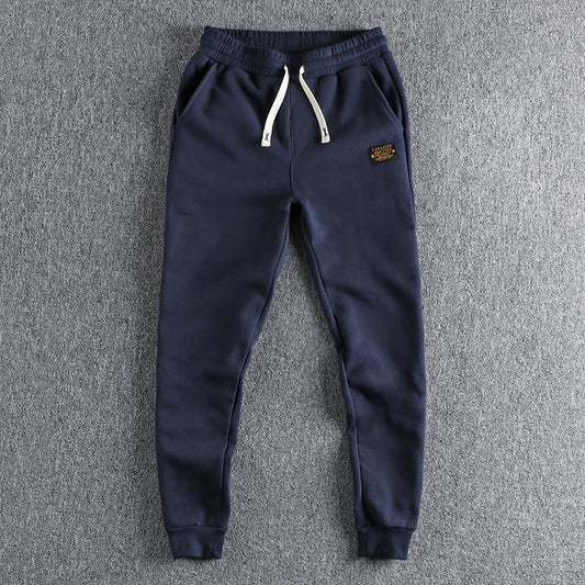 Autumn Winter American Retro Heavyweight Velvet Sweatpants Men's Fashion Pure Cotton Drawstring Sport Casual Ankle-tied Pants