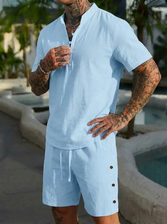 Summer linen shirt set for men, casual outdoor two-piece set, home wear pajamas, comfortable and breathable, beach short-sleeved