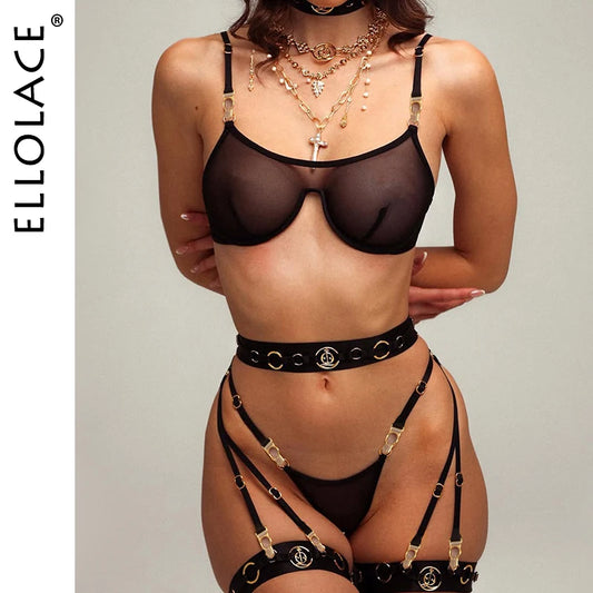Ellolace Premium Women's Lingerie Sets Sissy Metal Decor Sheer Bra 6PC Set Fantasy Cougar Clubwear Sexy Cool Girls' Intimates