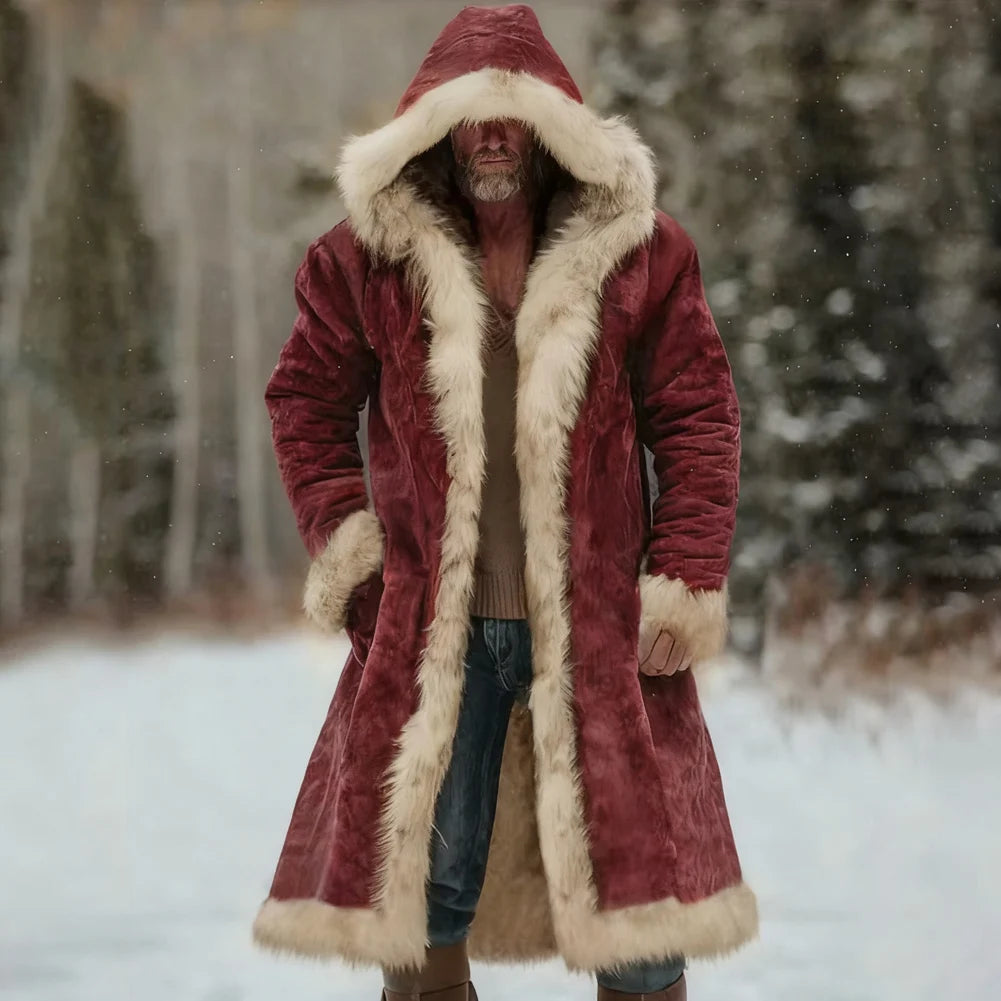 Men's Winter Thickened Hooded Jacket with Fleece Lining Solid Color Coat Long Sleeve Cardigan Style for Casual and Homewear