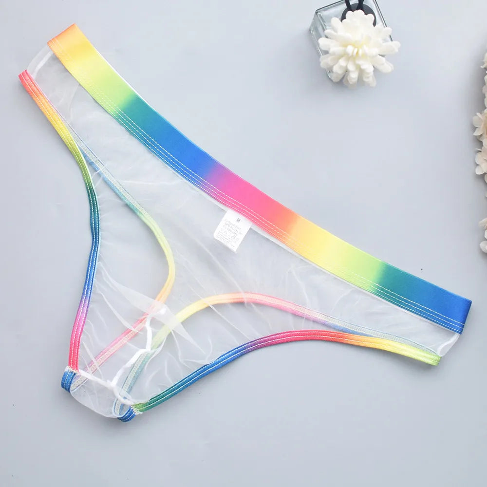 Transparent Mesh Men's Thongs with Rainbow Waistband - Sexy Breathable Underwear Perfect for Special Nights & Casual Use