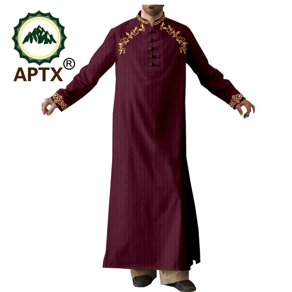 APTX Robe for Men Muslim Fashion Jubba Thobe Single Breasted Loose Embroidery Outfits Casual Wedding Church Wear T2014007