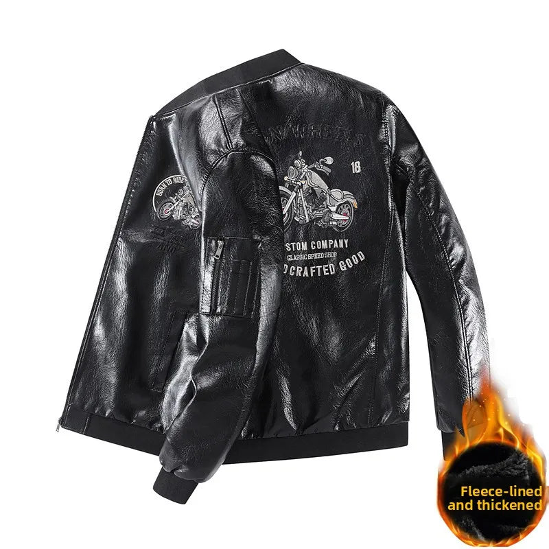 Leather Jacket Men's Baseball Collar Fleece Lined Thick Loose Casual Trendy Motorcycle Clothes Jacket Embroidered Outerwear
