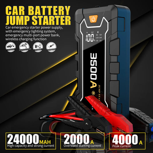 4000A 24000mAh Wireless Vehicle Jump Starter Suitable for 3.7 Gallons Of Petrol Or 3.17 Gallons Of Diesel With USB Type-C Output