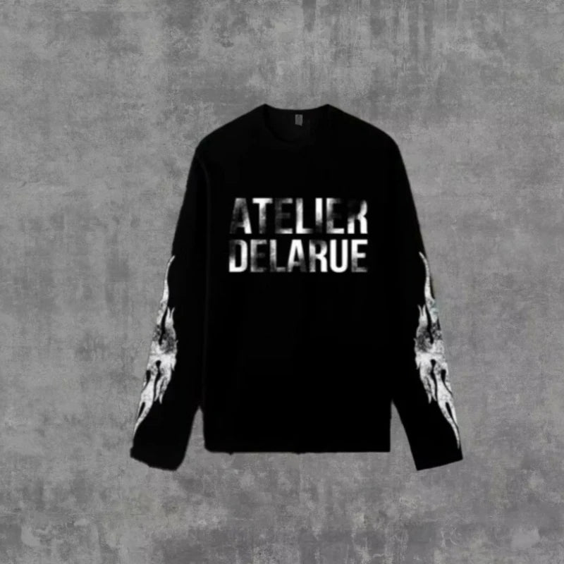 Y2K Harajuku Retro Niche Long Sleeve Print Letter Flame Tops New Fashion Casual Comfortable Streetwear Unisex Oversized Clothes