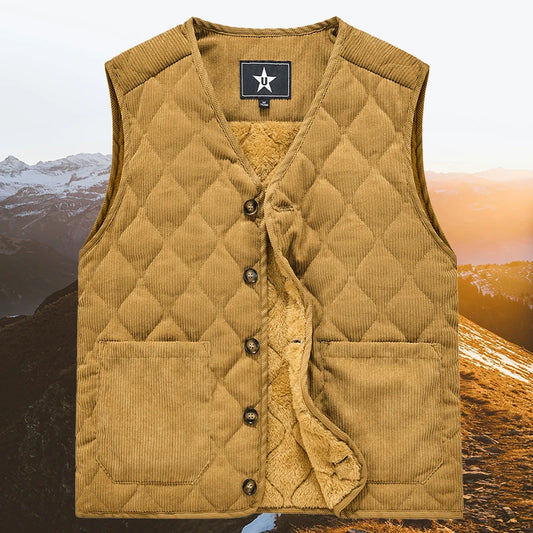 Autumn Winter Padded Warm Vest Men's Diamond Check Shoulder Undershirt Workwear Corduroy V-neck Jackets Men Clothing Large Size