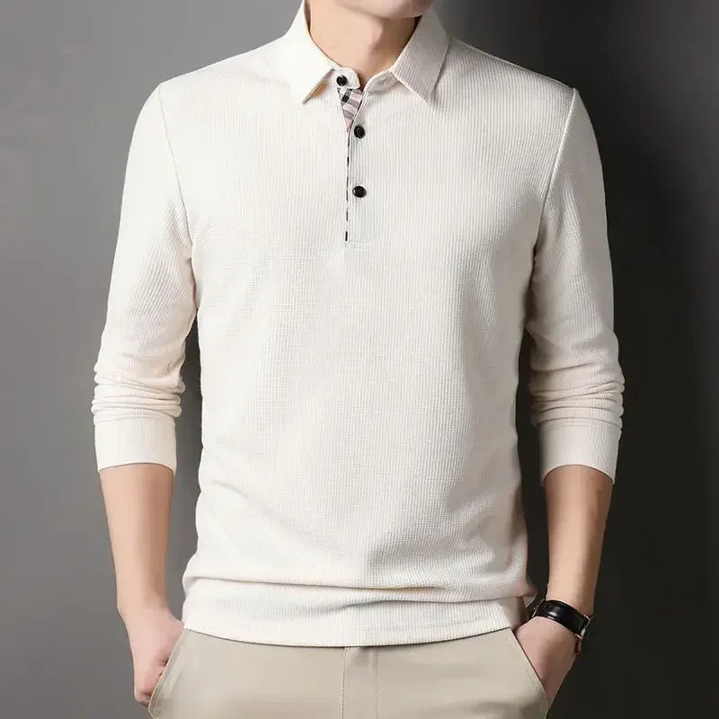 Male Clothes Beige T Polo Shirts for Men Waffle Tops Pullover Y2k High Brand Casual Harajuku Fashion Polyester Long Sleeve F